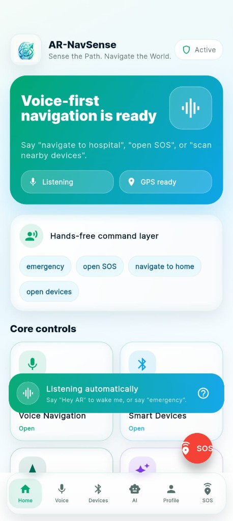 AR-NavSense home dashboard with core controls